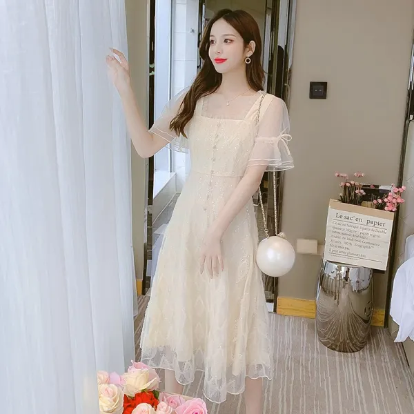 다모아바 반팔레이스원 여름 허리보정 보여 슬림 프렌치시크 나팔소매 망사 스윗 원피스