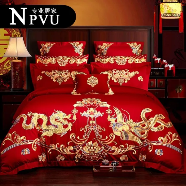 NPVU 결혼기념일 4종 진홍 자수 멀티 풀패딩 순면 코튼 경축 혼수 키트, 금슬이 좋다 지짐거린다