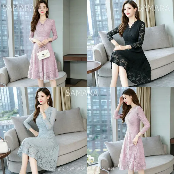 Qterra 특허브랜드 레이스 원피스 슬림핏 가을 빅사이즈 롱원피스 미디