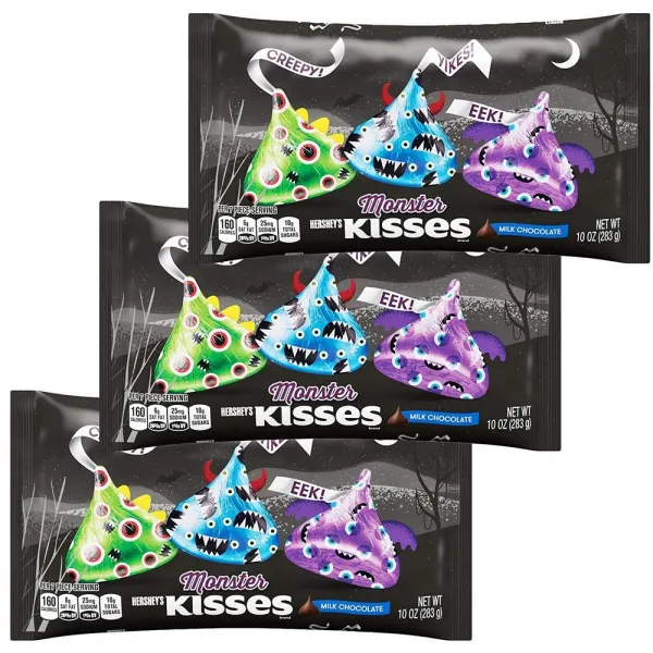 Kisses Chocolate KISSES 초콜릿 몬스터 할로윈 밀크 초콜릿 버라이어티 캔디팩 벌크 으시시 구색 오피스 워크 학교 액땜 사탕 10oz 부대 (3팩), 선택, 상세설명참조
