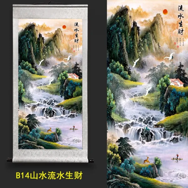 현관 행운이 찾아들다 국화 사무실 밝은 해가 동쪽에서 떠오르다 성어 흐르는 물이 돈을 낳다 사람, B14 산과 물이 흐르면 재물이 생긴 사람 그림을 걸다