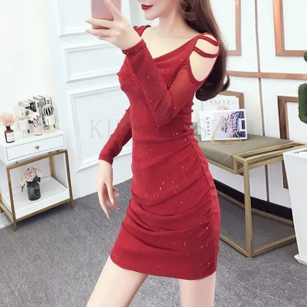 kirahosi 여성 겨울 홀복 섹시 미니원피스 슬림핏 파티 원피스 그린라이트 클럽원피스 241 CBkecf8c+덧신 증정