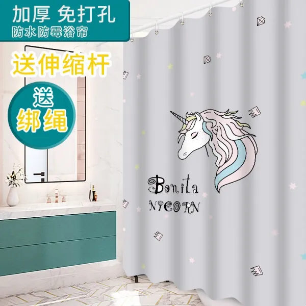 샤워커튼 학생 목욕탕 세트포장 펀칭불필요 두꺼운보호 문발 북유럽스타일의 화장실 샤워 곰팡이방지 가로닫이막커튼, T01-넓이 80높이 180드라이버 아이+결박+C고리, C28-핑크유니콘