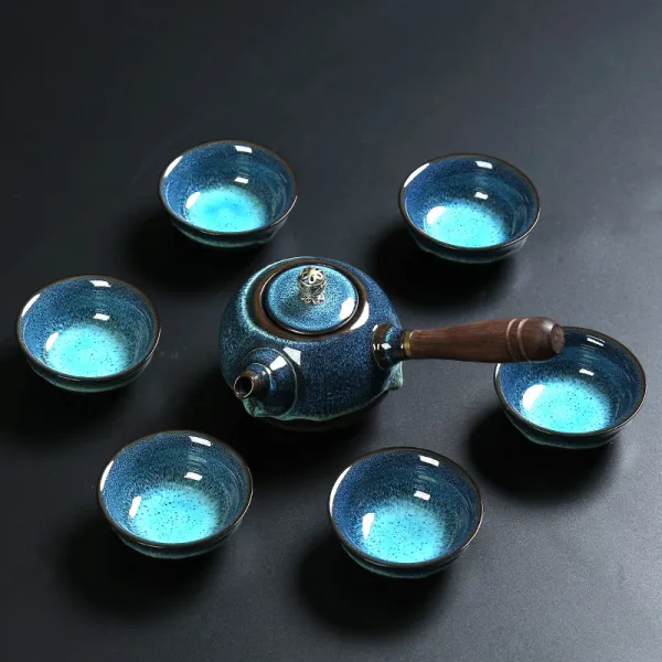보여 건잔가마 균요 광휘 로얄킴스6인홈 룩 도자기 옆 손잡이 화상방지 가정용 다도 블루 박 유약 （서클 믹스 ）7헤드