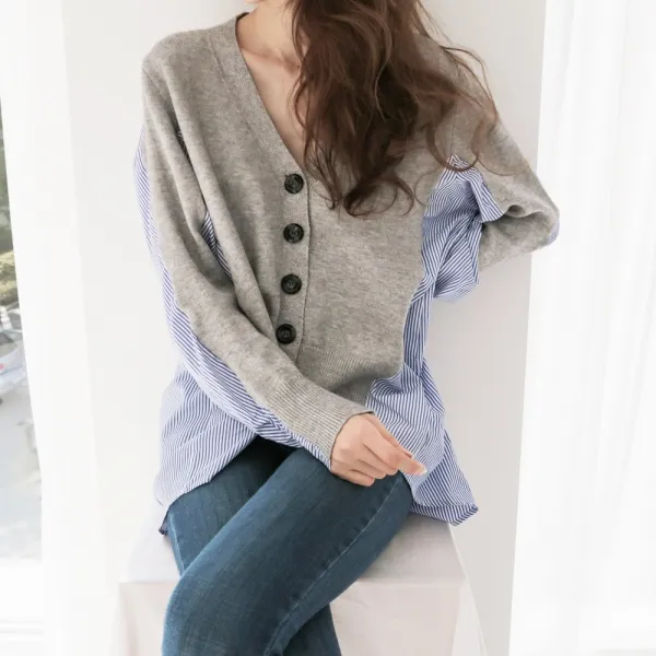 스트릿셀럽 스트라이프 니트 배색 셔츠가디건