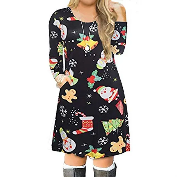 VISLILY Womens Plus Size Christmas Print Casual Swing T-Shirt Dress with Pockets