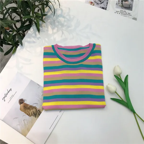 심쿵마켓 스트라이프 니트 레인보우 티셔츠