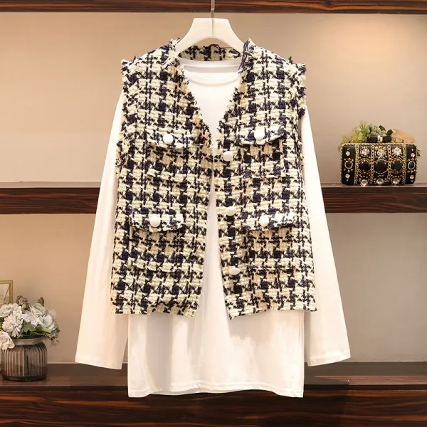 빅사이즈 여장 조 가을 뚱뚱 동생 V 넥 베스트 슬림 티