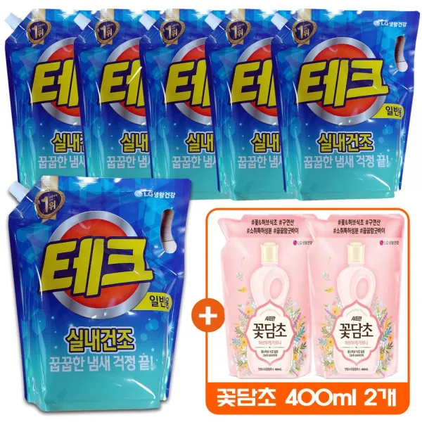 테크 실내건조 냄새걱정끝 액체세제 일반 리필 2L 6개+꽃담초 400ml 2개, 6개