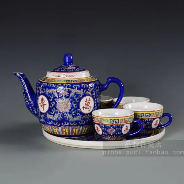 티포트 징더전 만수무강 도자기 자재화 울긋불긋 차제구 찻잔 6두건 포장도자기 찻주전자 T01 6개 C04 Lan Wanshou 1포트 1판 4귀 컵 