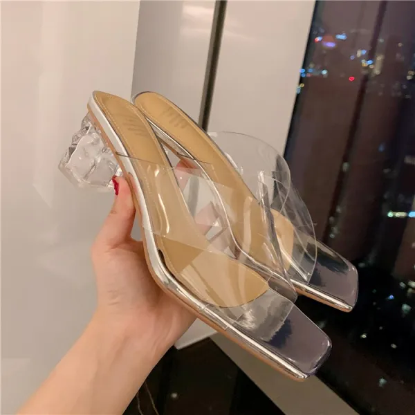 청키힐샌들 CHIC 강 밀다 커다랗다 실버 크리스탈 투명 교차 발가락을 드러내다 슬리퍼 여성 여름 4869322510