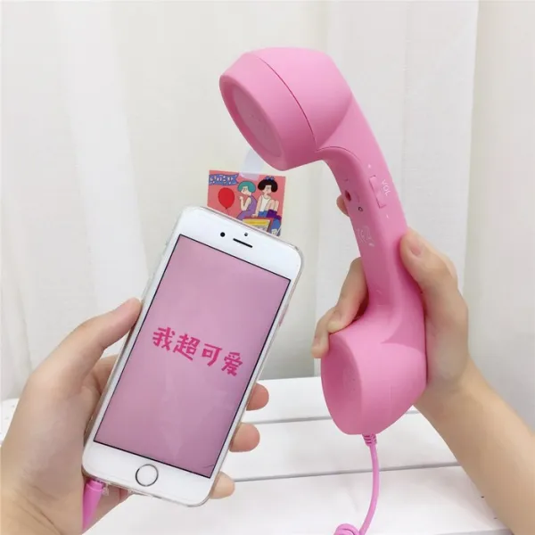 귀여운 복고풍 송화기 스마트폰 수화기 음량조절, 핑크, 없음