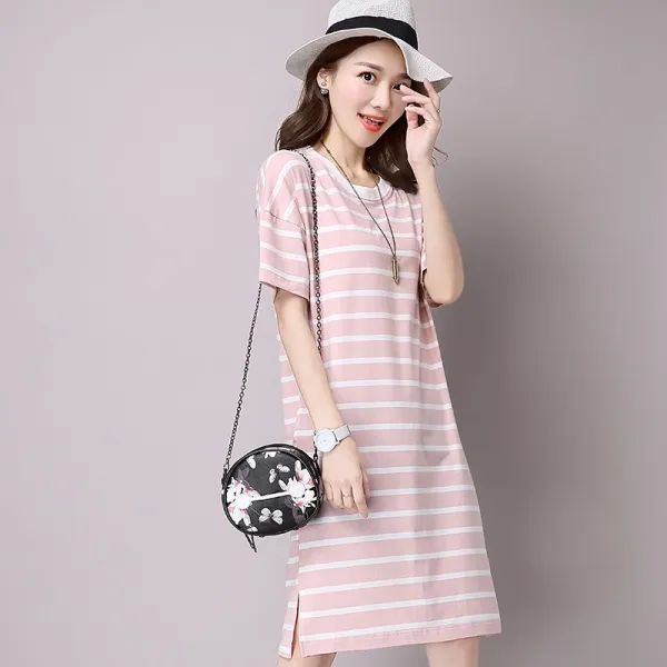 패션이루 스트라이프 반팔 면 미시 원피스 캐주얼 라운드넥