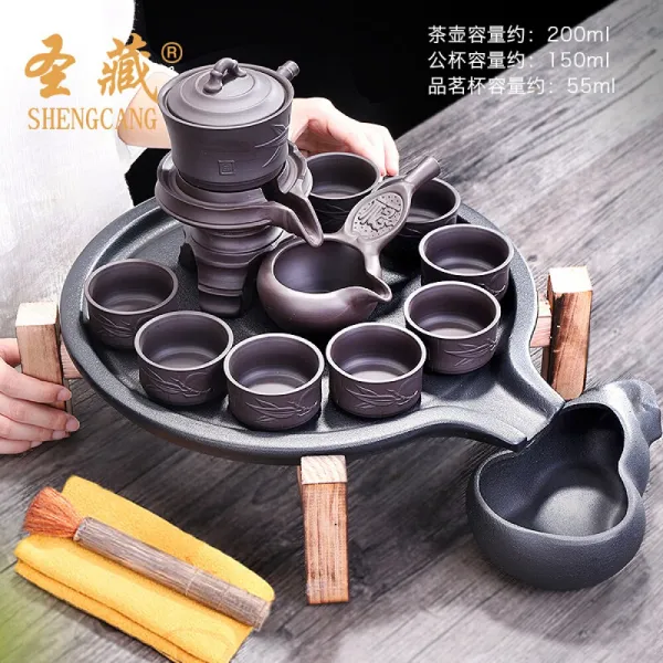 맷돌 다구 세트 가정용 자사 공 다구 찻잔 세라믹 티 주전자 심 플 자동 맷돌 현대 간 입 차반 + 가슴 성형 죽 218 14 점