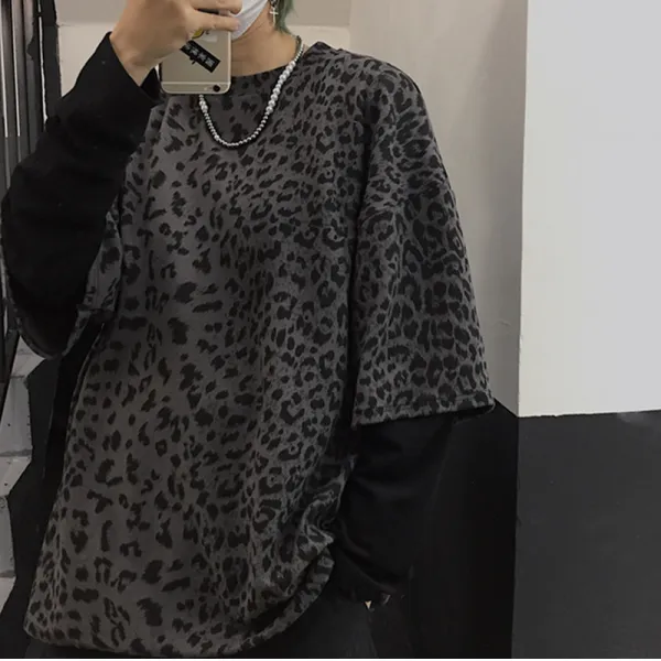 암흑색 계 INS 힙합 트렌드 와이드 루즈핏 레오파드 페이크 긴 소매 남성 하라쥬크 BF 무드 TEE