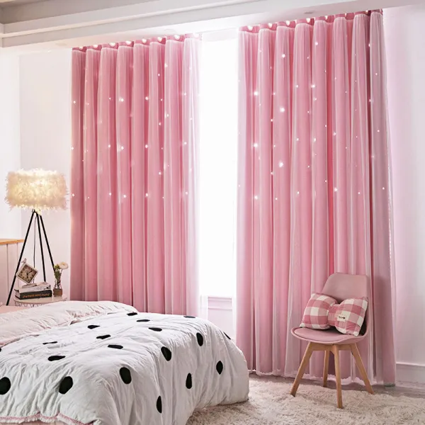 에쉬울프 펀칭 별 차광+레이스 이중지 커튼 1pc, 핑크, 180*230CM