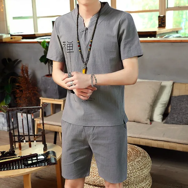 차이나 면린넨 마른남자옷 중국식 고대복장 엔틱 중국한복 룩 공연복 반팔 계 불복 티 유니폼