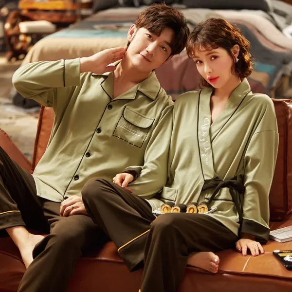금풍상사 순면커플잠옷 만면 커플파자마 여성 봄가을 코튼 롱 소매와 유니폼 겨울 빅사이즈 가능 핏아우터