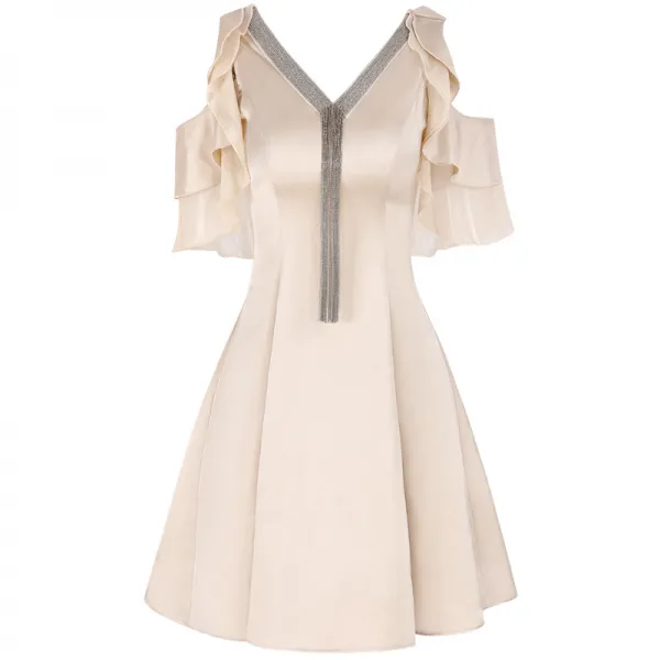 어 린 여름 V 넥 반팔 원피스 여장 섹시 이슬 어깨 스커트 하이 웨이스트