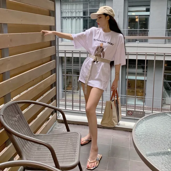 여성 캐릭터 프린트 반팔 티셔츠 나나 패션 복점 홍콩풍 패턴 벨트 반팔 루즈핏 슬림 캐