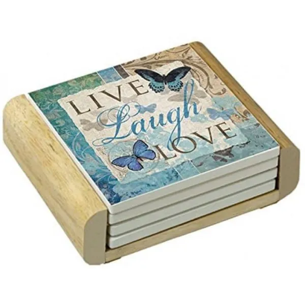 나무 홀더 4 세트 에서 카운터 아트 흡수성 코스터 라이브 웃음 사랑 나비