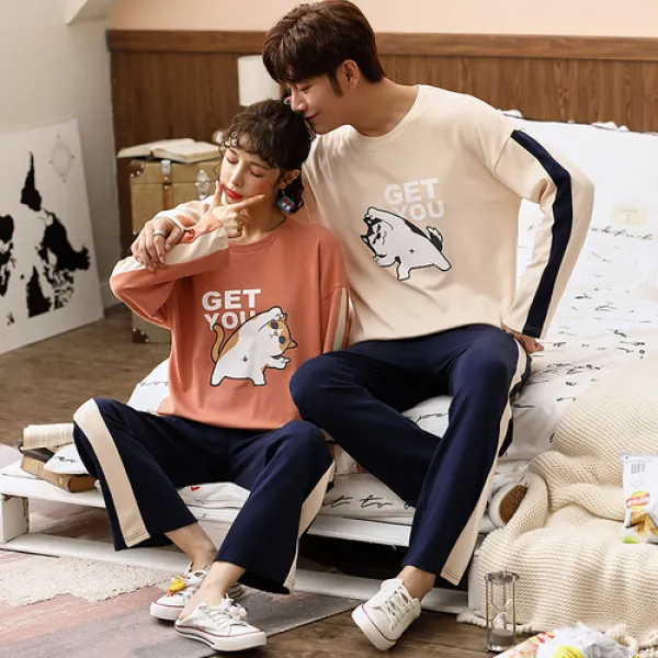 뿌니랜드 빅사이즈 신혼부부 커플잠옷 시밀러룩 여성남성 브랜드 귀여운 파마자 슬립웨어 여름 속옷 실크 가운 모달 부모님 순면 원피스커플잠옷여 춘추순면긴팔한판귀여운가을겨울남자 13909