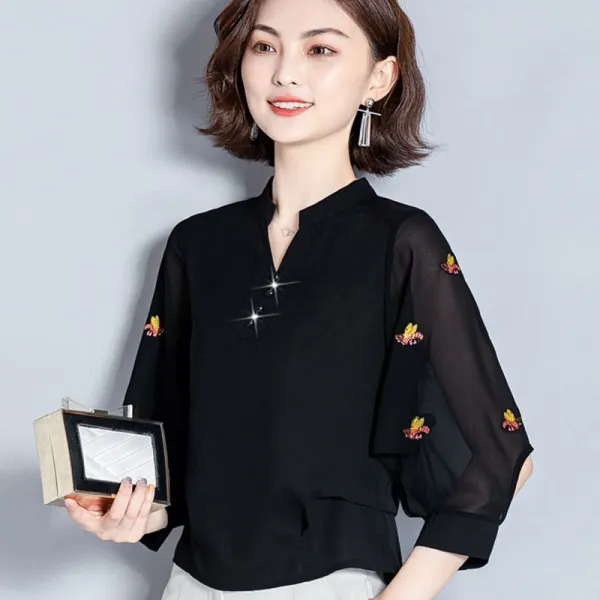 눈 방적 블라우스 여 새 셔츠 춘추 와이드 자수 상의 칠부 소매 가리기 배양기 이너