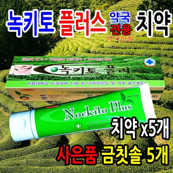 성원제약 녹키토 플러스 치약5개+금칫솔5개 세트 약국전용 녹차 키토산 HAP 자일리톨 아미노카프론산 잇몸 미백 치아 입냄새 구취 제거 기능성 연애인 화이트닝 하얀니 상퀘한 입속 입안 건강 미백치약, 5set, 220g