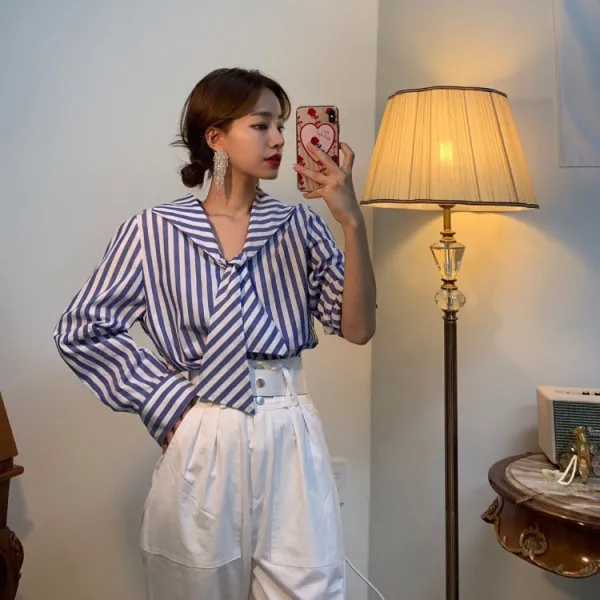 블랙바바 여성 스트라이프 브이넥 셔츠a19090388