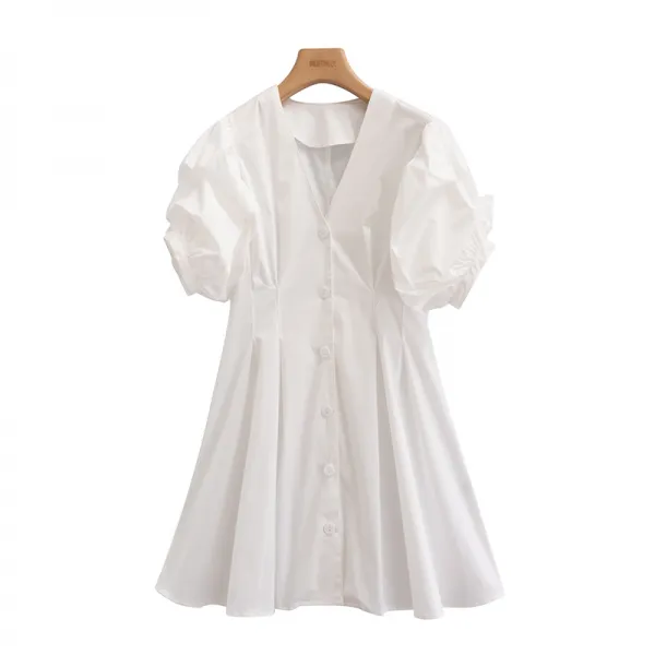 여름브이넥원피스 어렵다 막다 노 소녀마음 빳빳한 면 플리츠 벌룬소매 허리보정 솔리드 무지 여성 4750292180