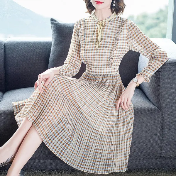 블랙바바 여성 체크무늬 플리츠 쉬폰롱원피스19090438