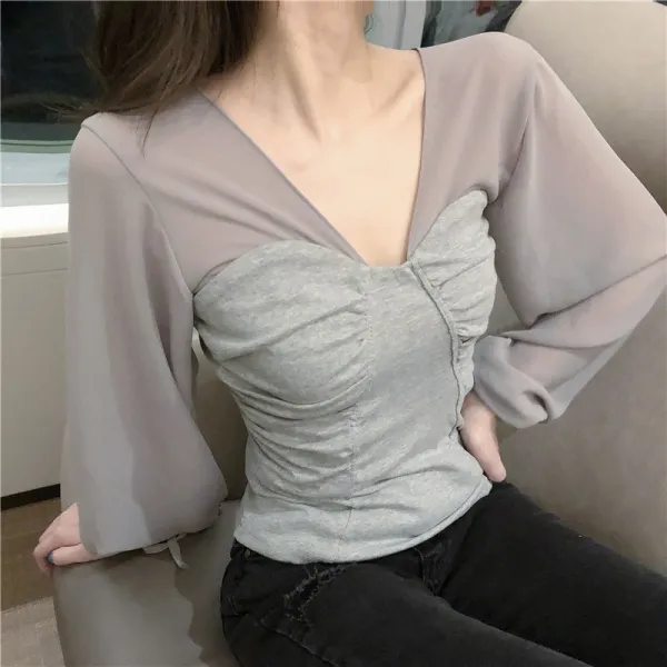 초가을 눈 방적 셔츠 속기 섹시 v넥 스트링 퍼프 소매 날씬해보이는 블라우스 탑