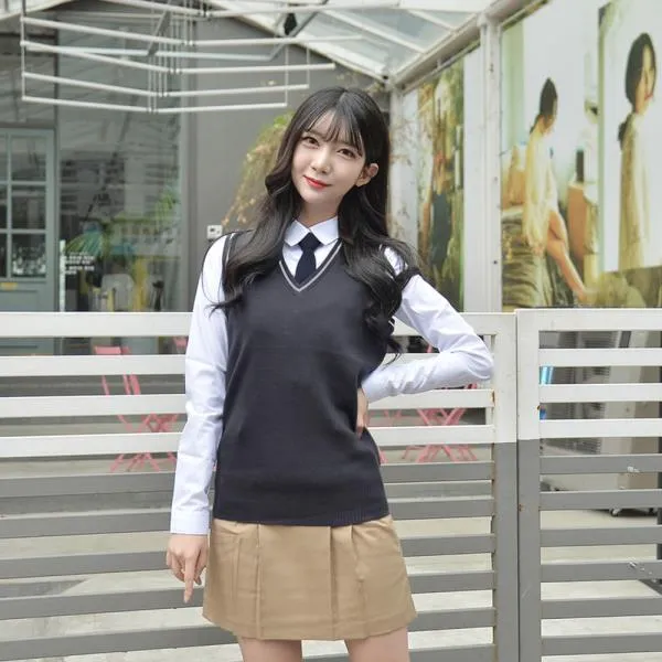 1002 보풀방지 그레이 화이트라인 롱 교복조끼 여자 C