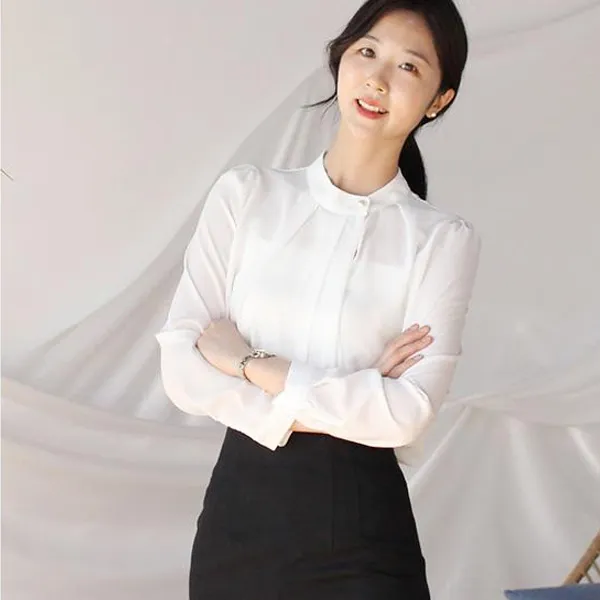 오피스룩블라우스 면접블라우스 봄블라우스 핑크블라우스 진주블라우스 하이넥블라우스 셔링블라우스 쉬폰블라우스 여자면접복장 여성면접복 오피스블라우스