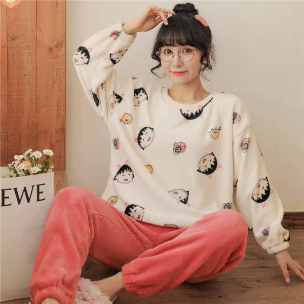 십이월직구 여잠옷세트 여성 겨울 가을 계절 긴 소매 큐트 웃는얼굴 보온 가능 핏아우터 실내복 홈웨어 봄