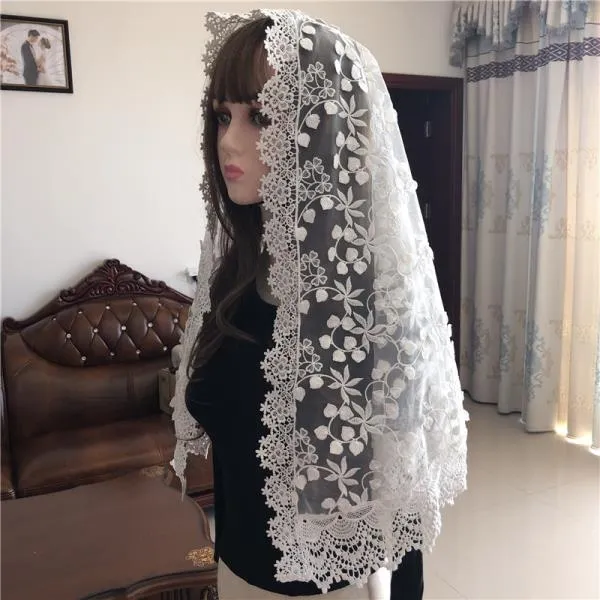 화이트 여성 만 티야 레이스 카톨릭 베일 예배당 교회 헤드 커버 스카프 Mass Vela Voile Shawl Dentelle L, 한개옵션0