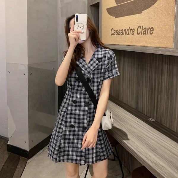 프렌치 빈티지 체크 정장 원피스 신여 허리 날씬해 보이는 선 도라지 경량 숙 스커트