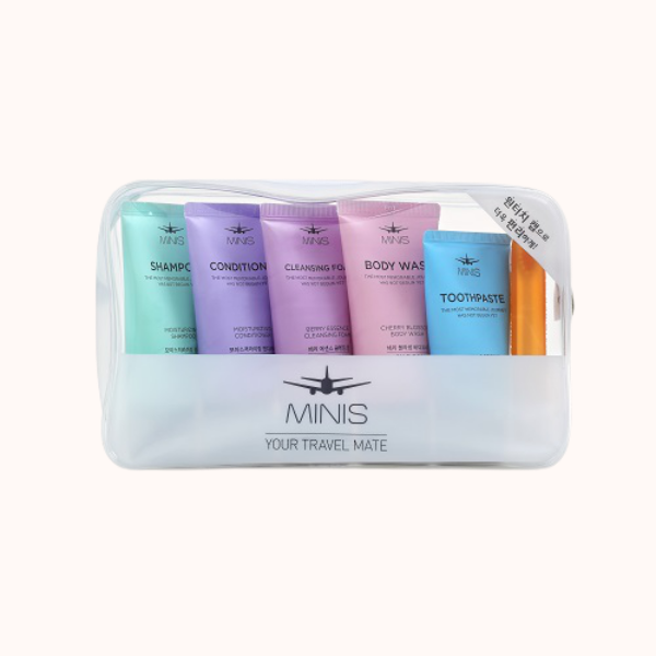 엘지생활건강 미니스 여행용 세트 지퍼형 세면도구 샴푸 린스 클렌징폼 바디워시 치약 칫솔 LGCare Minis Travle Kit, 1개