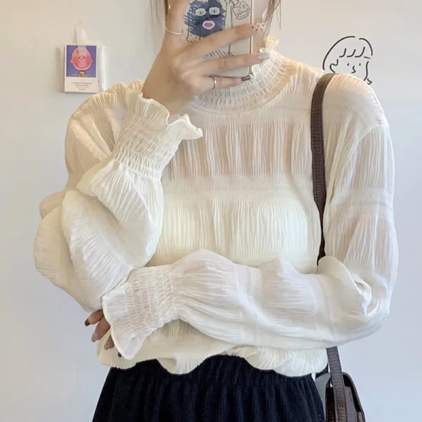 블링블링 우먼2019 가을과 겨울 새로운 프랑스 틈새 느슨한 칼라 칼라 그물 붉은 기질 주름 긴 소매 쉬폰 셔츠 여성53910