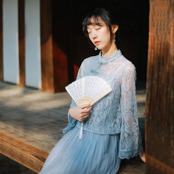 시스루레이스블라우스 미소 따뜻한 문예 레이스 작은셔츠 셔츠 여성디자인감각 개성 9부소매 상의 봄패션 2020여성