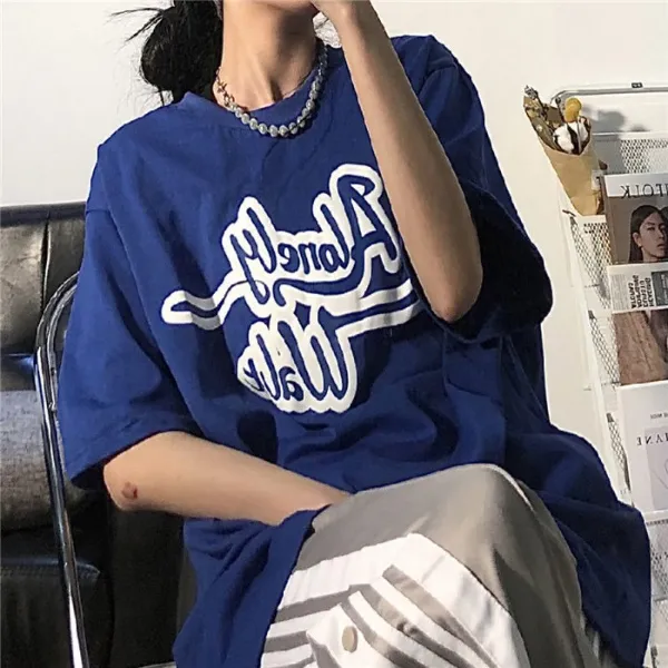 아리니 반팔 티셔츠 망홍 색다르다 커플룩 하복 미니멀 디자인감 ins 울트라 홍콩풍 프렌치 로라 반팔 티셔츠 남녀 블루 2XL