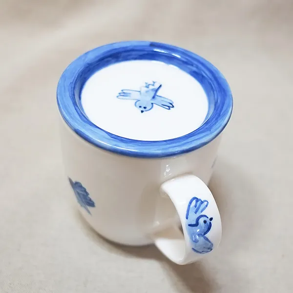 [ 지니다스튜디오 ] 참새 뚜껑 머그 360ml(핸드페인팅), 1개, 블루