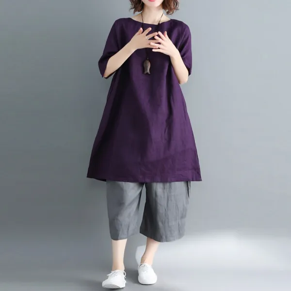 여성투피스세트 여성투피스세트 캐주얼린넨세트 라운드티셔츠+린넨바지 데일리룩세트 루즈핏빅사이즈d01