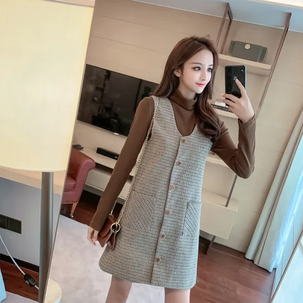 Okseller1 럭셔리룩 브이넥 체크 뷔스티에 원피스x터틀넥니트 세트