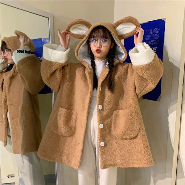 누이동생이 달다 메카 두꺼운 램스울 큐티 베어 귀후드 털부드럽다 외투녀 가을겨울