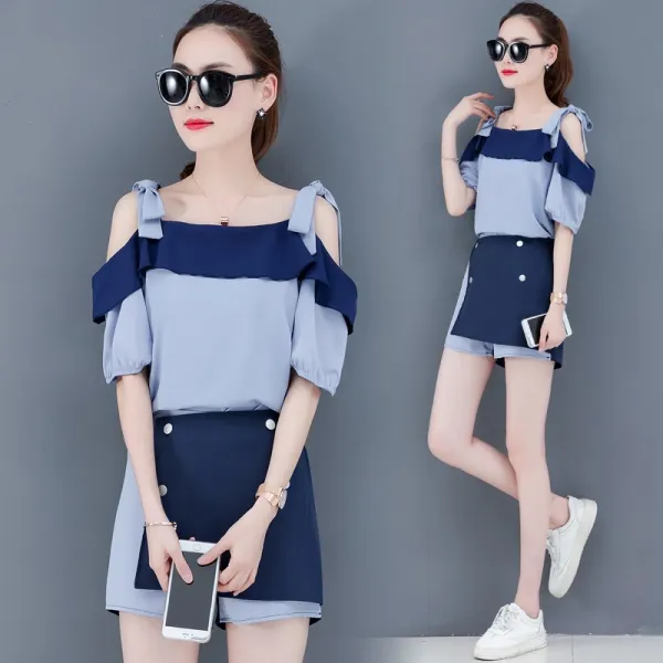 반팔티셔츠+쉬폰반바지 여성투피스세트 반팔티셔츠+쉬폰반바지 캐주얼세트 패션반팔투피스 슬림핏빅사이즈c18