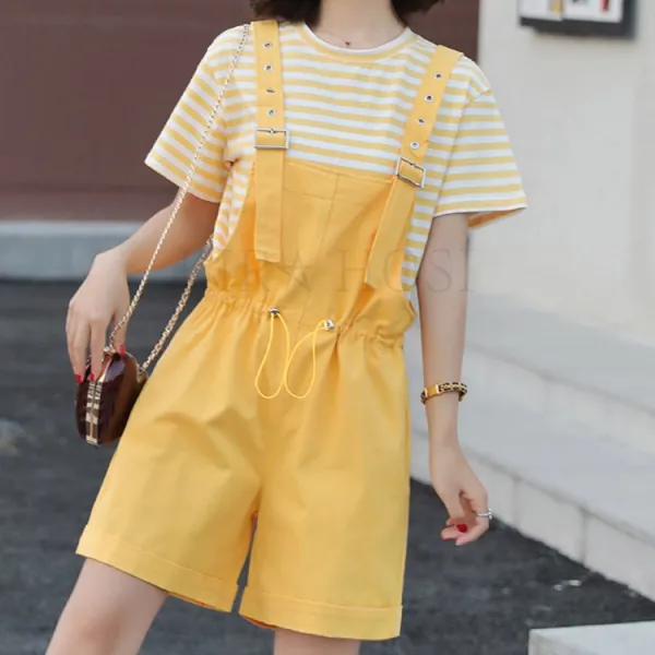 Kirahosi 퀄리티 6 여름 여성 반팔 티셔츠+멜빵 바지 세트 점프수트 투피스 81 +스마트 스트랩 증정 Dghooks