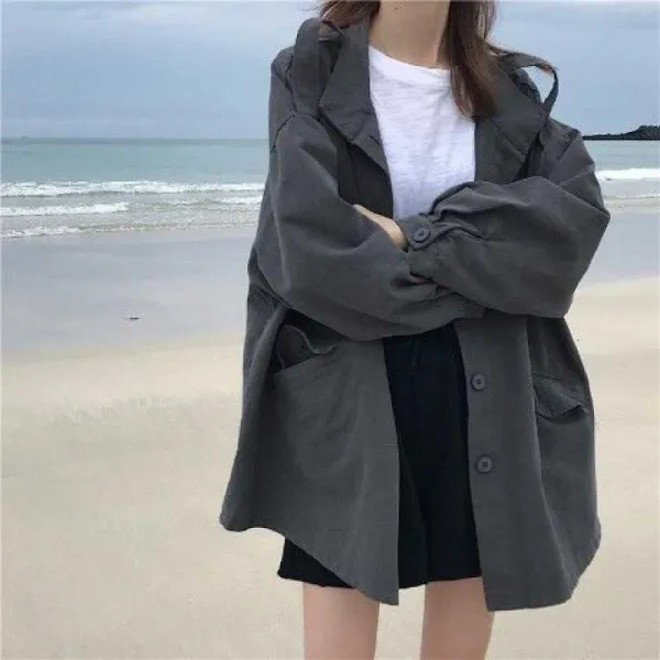 KORELAN 홍콩식 원숙 작업복 긴팔 외투 여 봄가을 스타일 헐렁하다 마르다 게으르다 재킷 야구복 상의 습하다