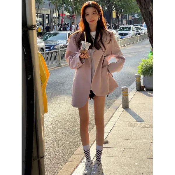 양복코트 고퀄리티 감각 아양을 떨다 핑크퍼플 색 셋업 간지나는 동백 와이드 루즈핏 원버튼 눈길을 끄는 4765788684, 분홍색과