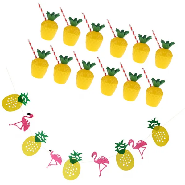 FWT하와이 열대 파인애플 플라밍고 멧새 및 12xluau cup straw party 파티 장식